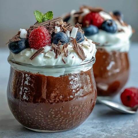 Creamy Vegan Chocolate Chia Pudding Parfaits layered with coconut whip and topped with fresh berries in a glass.