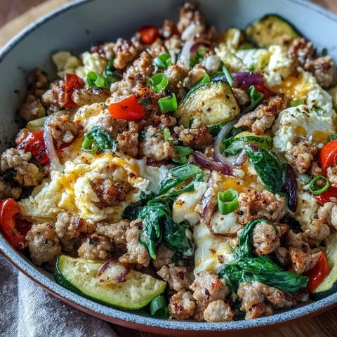 Freshly cooked Keto Sausage and Veggie Breakfast Scramble in a skillet with fluffy eggs, crumbled sausage, and vibrant red peppers.