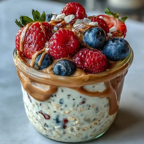 Creamy overnight oats topped with fresh mixed berries and a visible almond butter swirl in a jar. 