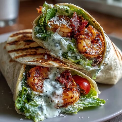 Juicy grilled shrimp Caesar Wraps filled with crunchy romaine and halved cherry tomatoes.