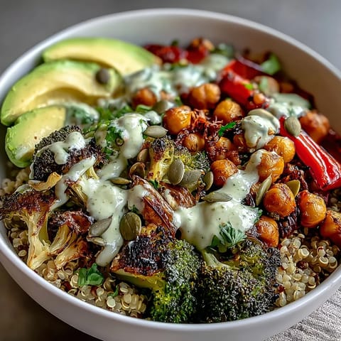 Wholesome vegetable and legume bowl featuring smoky roasted vegetables, tender legumes, and fluffy grains topped with creamy avocado and tahini dressing.  