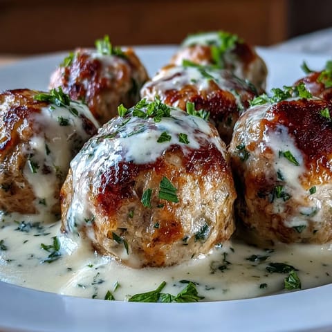 Creamy garlic ranch turkey meatballs baked and served with a rich, velvety garlic cream sauce.  