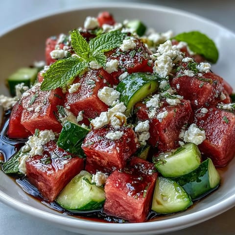 Watermelon Feta Cucumber Salad with Balsamic Glaze, a refreshing summer dish with juicy fruit and tangy cheese. Crisp cucumber and mint add a burst of freshness to this easy Mediterranean salad. Sweet balsamic glaze drizzled over vibrant watermelon and feta for a perfect picnic side.