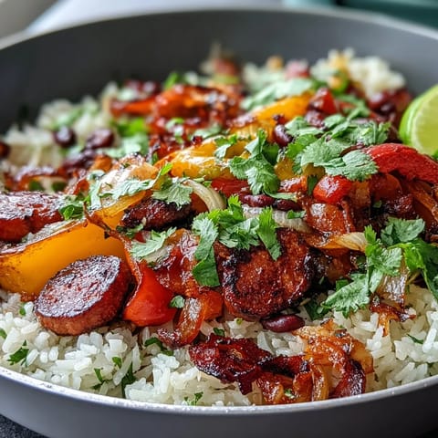 Easy one-pan vegan fajita rice with vibrant bell peppers, black beans, and tender rice, topped with fresh cilantro and lime wedges.  