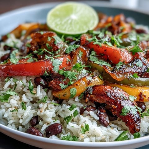 One-pan vegan fajita rice skillet with peppers and black beans, a colorful medley of smoky vegetables and hearty grains in a sizzling skillet.  