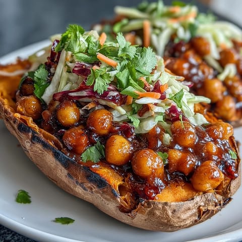 Fluffy baked sweet potatoes filled with tender BBQ chickpeas, garnished with tangy slaw and fresh cilantro for vibrant flavor.  