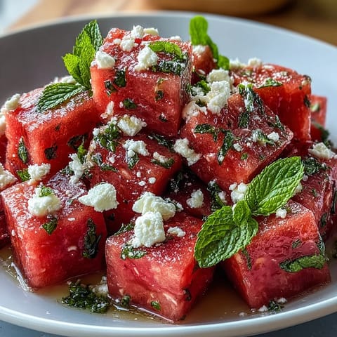 A refreshing summer salad featuring sweet watermelon chunks, tangy feta crumbles, and fresh mint, perfect as a light side dish for warm-weather gatherings.