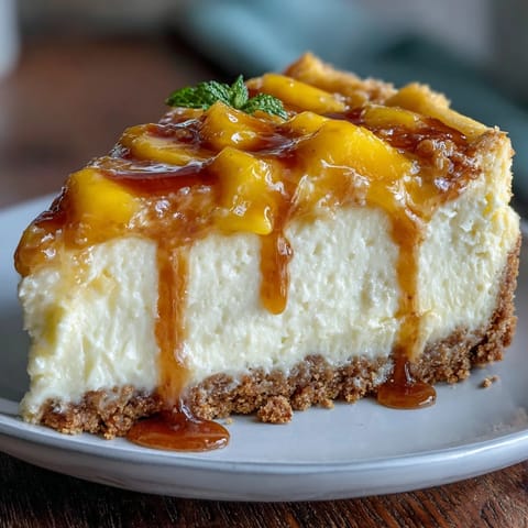 This tropical mango cheesecake features a buttery crust, smooth cream cheese filling, and vibrant mango puree for a luscious dessert.  