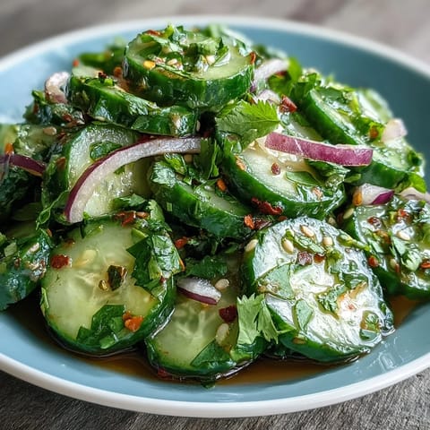 Crisp cucumbers and red onion tossed in a spicy lime vinaigrette, garnished with toasted sesame seeds.
