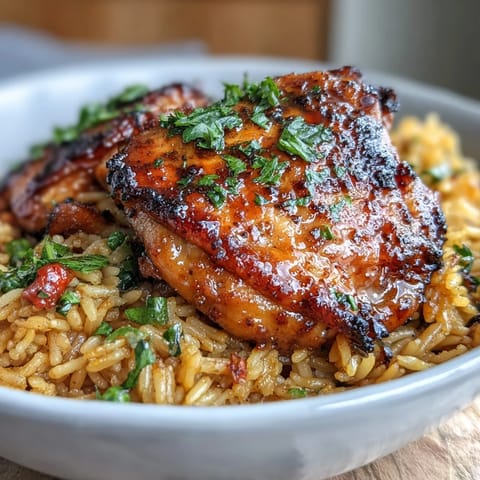 Vibrant Nandos Portuguese chicken and rice with seared thighs, aromatic rice, and colorful bell peppers in one pot.