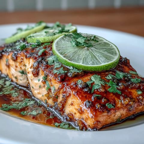 Oven-baked salmon fillets coated in a rich honey-lime garlic butter sauce, perfect for an easy dinner.  