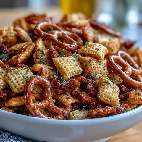 Savory snack mix with Chex cereal, pretzels, and bagel chips coated in zesty dill pickle seasoning.  