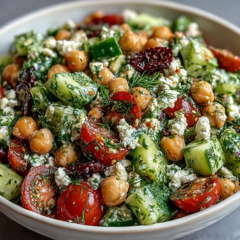 Fresh and vibrant chickpea cucumber salad with feta and tomatoes, perfect for a light Mediterranean lunch or quick meal prep.  
