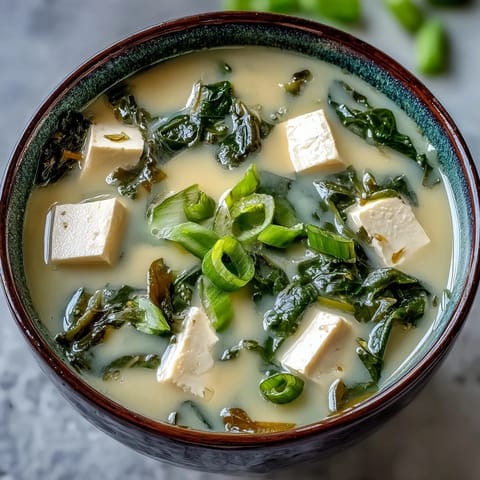 Warm miso soup with tofu, spinach, and green onions in a savory Japanese broth.  