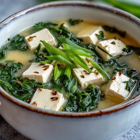 Comforting bowl of miso soup featuring silky tofu cubes, wilted spinach, and fresh scallions.  
