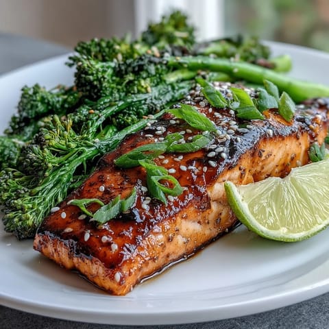 Golden seared salmon fillets coated in honey-soy glaze, paired with crisp-tender sesame broccoli for a balanced dinner.
