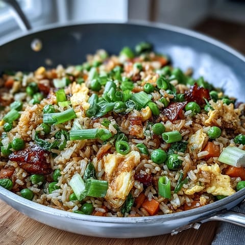 A colorful bowl of veggie-packed fried rice with spring peas, carrots, and red bell pepper, garnished with green onions.