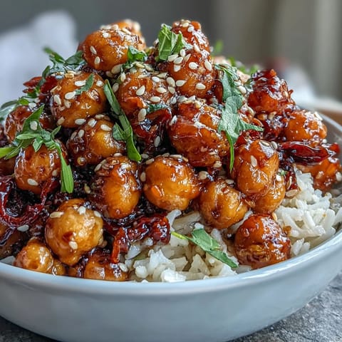 Spicy chili-garlic crispy chickpeas served over fragrant jasmine rice in a vibrant vegan bowl.  