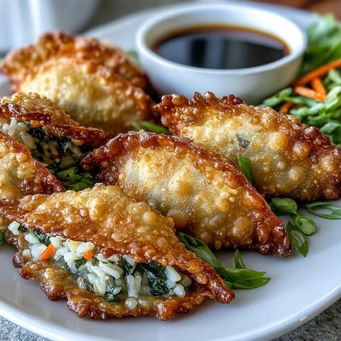 Crispy chicken and veggie rice paper dumpling bites with golden pan-fried crust and colorful vegetable filling.  