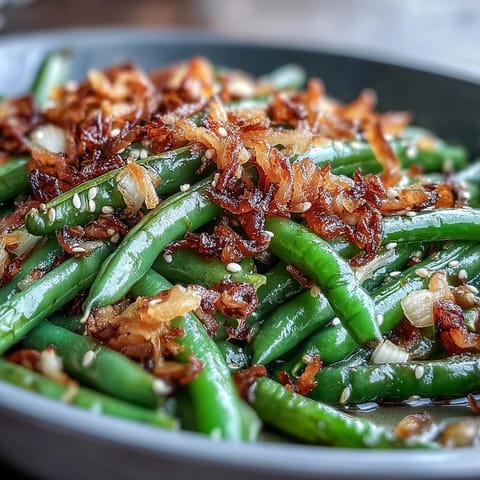 Vibrant green beans tossed in sesame-garlic sauce, finished with crunchy onions for a flavorful vegetarian side.  