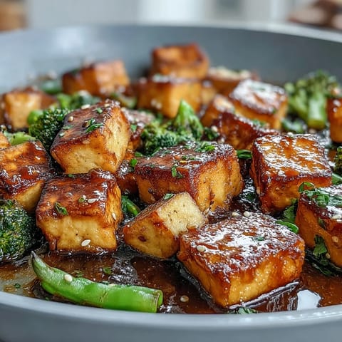 Vibrant tofu stir-fry with crispy tofu, fresh broccoli, and snap peas in a glossy teriyaki sauce, served hot over jasmine rice.  