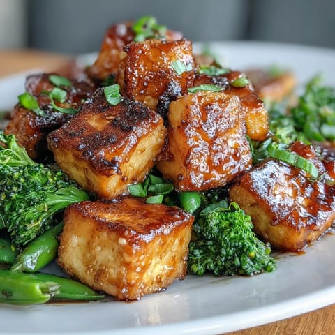 Colorful plant-based teriyaki stir-fry featuring golden tofu cubes, crunchy snap peas, and tender broccoli florets in a savory sauce.  