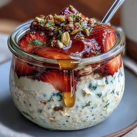 A creamy jar of overnight oats topped with fresh strawberries, crunchy pistachios, and a golden honey drizzle for a vibrant, healthy breakfast.