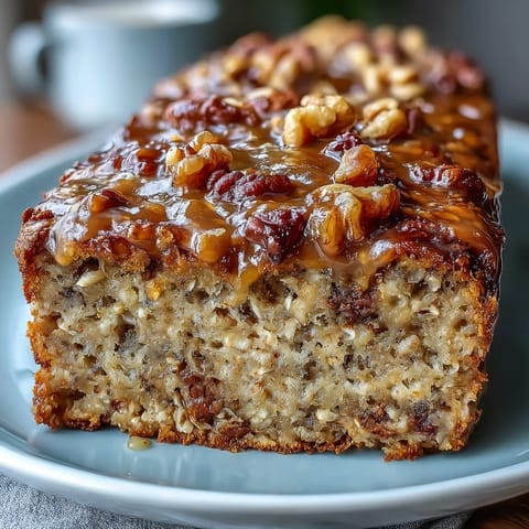 High-protein banana bread baked oats in a square baking dish, golden brown and moist, topped with sliced bananas and chopped walnuts for added crunch.