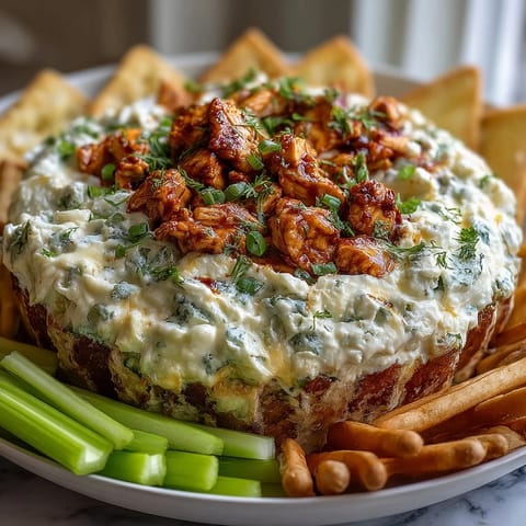 High-Protein Cottage Cheese Buffalo Chicken Dip with shredded chicken and spicy Buffalo sauce, served warm and bubbling in a baking dish.  