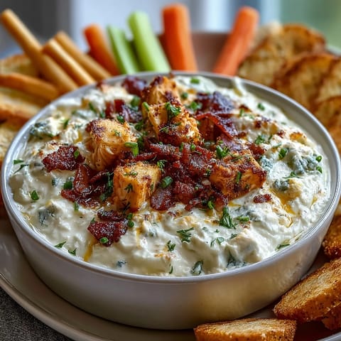Creamy, spicy, and protein-packed cottage cheese Buffalo chicken dip garnished with green onions and blue cheese crumbles.  