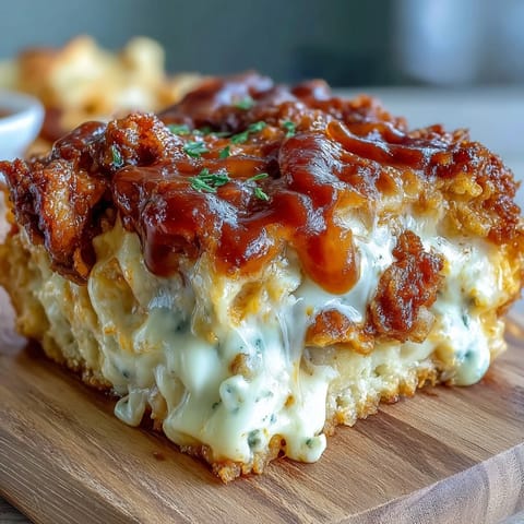 Creamy cottage cheese buffalo chicken dip with shredded chicken, spicy sauce, and melted cheese in a baking dish.  