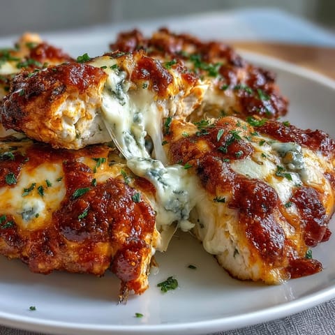 High-protein buffalo chicken dip made with cottage cheese, served hot with celery sticks and tortilla chips.  