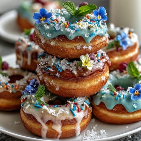 Baby in Bloom Mini Donut Tower with Flowers: a tiered tower of glazed mini donuts topped with fresh edible flowers, perfect for baby showers.