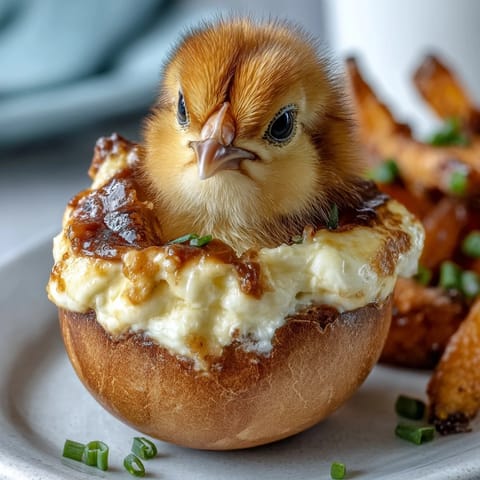 Cute deviled egg chicks with carrot beaks and peppercorn eyes, perfect for Easter or spring parties.