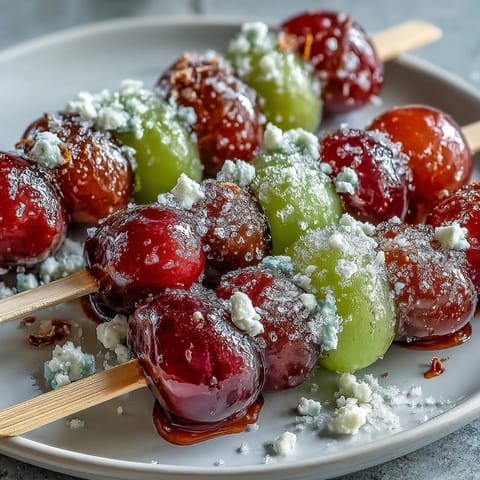 Vibrant frozen grape skewers with lime sugar, a refreshing summer snack perfect for hot days and kids' parties.