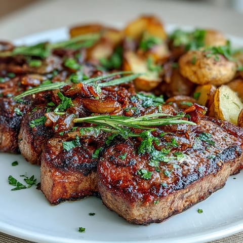 Juicy sirloin cubes and golden potatoes sizzle in garlic butter, creating a hearty, gluten-free main dish perfect for dinner.  