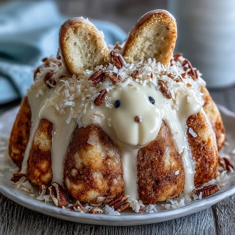 Adorable Easter bunny cake with golden sprinkles, fluffy vanilla layers, and sweet buttercream frosting for a festive dessert centerpiece.