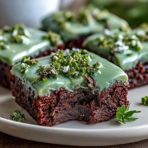 Shamrock-shaped brownies with rich chocolate and vibrant green icing, perfect for St. Patrick's Day celebrations.