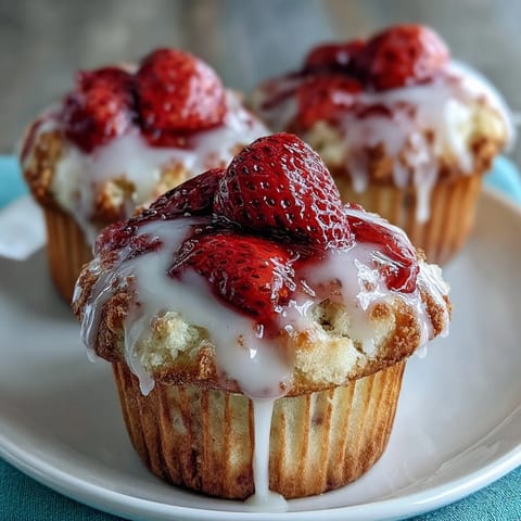 Golden-brown muffins filled with juicy strawberries and drizzled with tangy lemon glaze, ready to enjoy warm.  