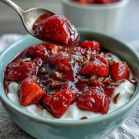 Creamy Greek yogurt topped with vibrant strawberry compote and crunchy nuts for a refreshing breakfast bowl.