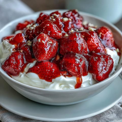 A bright and fruity breakfast bowl with fresh strawberry compote over thick Greek yogurt, drizzled with honey.