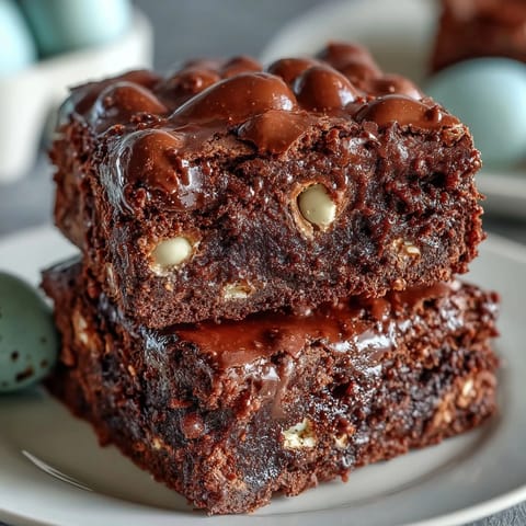 Cadbury Egg Chocolate Brownies with Crumbled Top: Rich, fudgy brownies studded with Cadbury mini eggs and topped with crunchy chocolate crumble.