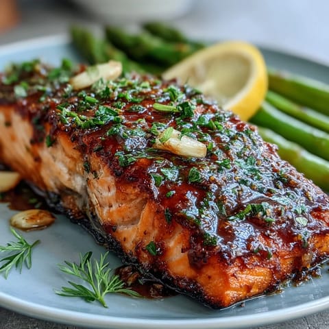 Garlic Butter Salmon with Asparagus, roasted to perfection with golden lemon slices and vibrant green spears.