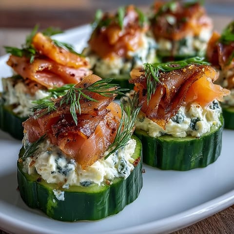 Cucumber bites topped with creamy cheese and smoked salmon, garnished with dill and capers for a fresh, elegant appetizer.