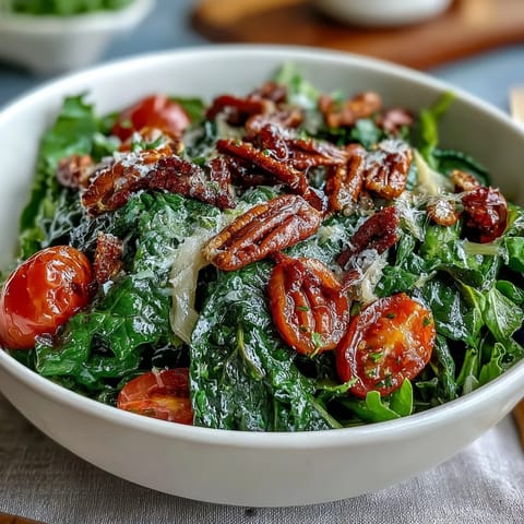 Fresh dandelion greens salad with lemon vinaigrette and Parmesan, topped with cherry tomatoes and pine nuts for a vibrant, healthy dish.