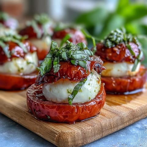 Caprese skewers with pesto drizzle on a white platter, featuring juicy cherry tomatoes, creamy mozzarella balls, and fresh basil leaves, all glistening with vibrant green pesto sauce.