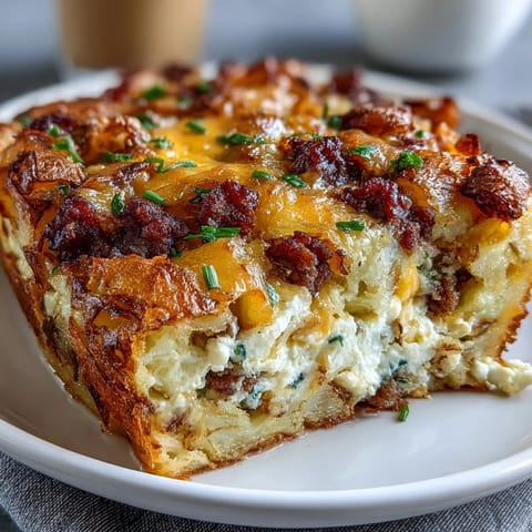 Hearty overnight Amish breakfast casserole with sausage, eggs, and cheese, perfect for feeding a crowd at brunch.