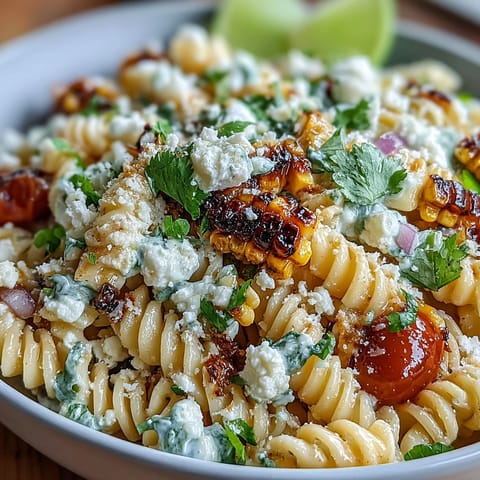 Creamy Mexican street corn pasta salad with charred corn, cotija cheese, and zesty lime dressing in a vibrant bowl.