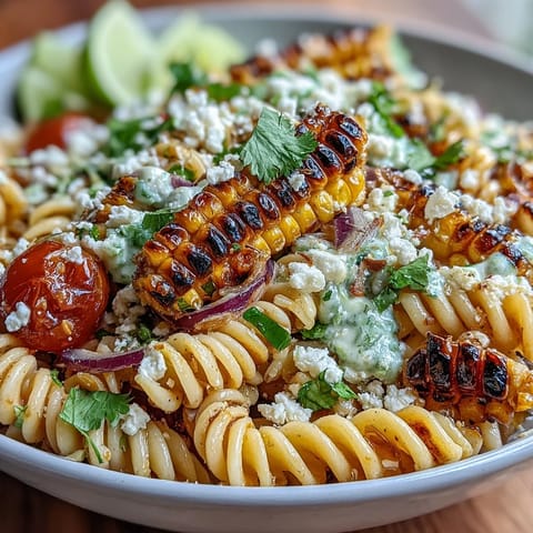 A colorful pasta salad featuring charred corn, cherry tomatoes, and cotija cheese tossed in a tangy lime-cumin dressing.