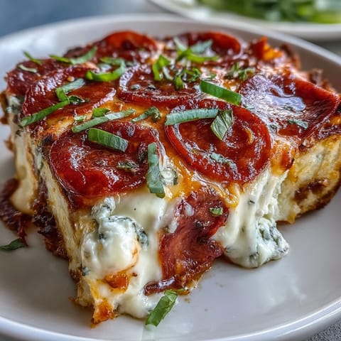 Freshly baked High-Protein Pizza Breakfast Casserole with golden eggs, turkey pepperoni, and melted cheese on a Greek yogurt crust.